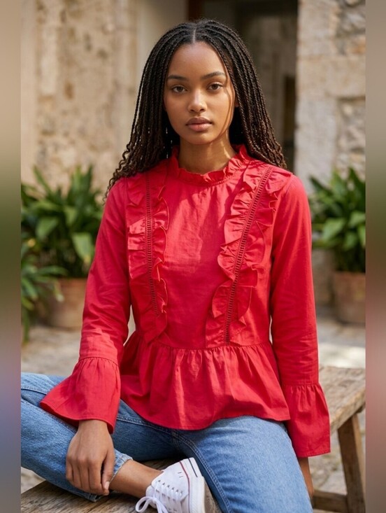 Amaryllis Tops - Amaryllis Bright Red Ruffled Peplum Blouse